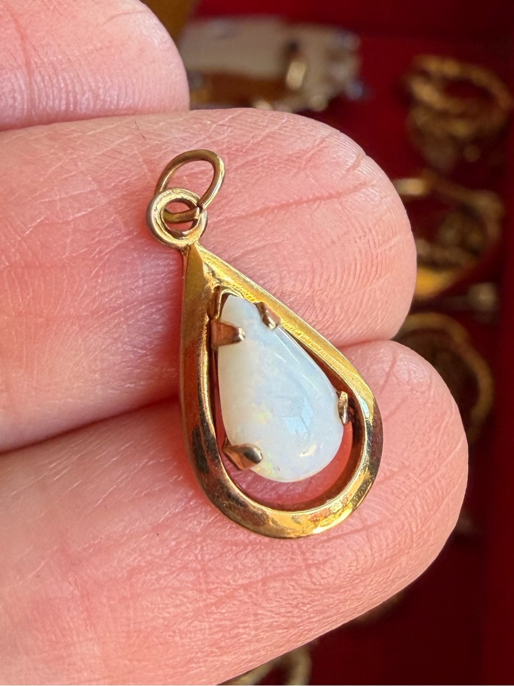 Vintage Gold Teardrop Floating White Opal Cabochon Pendant
